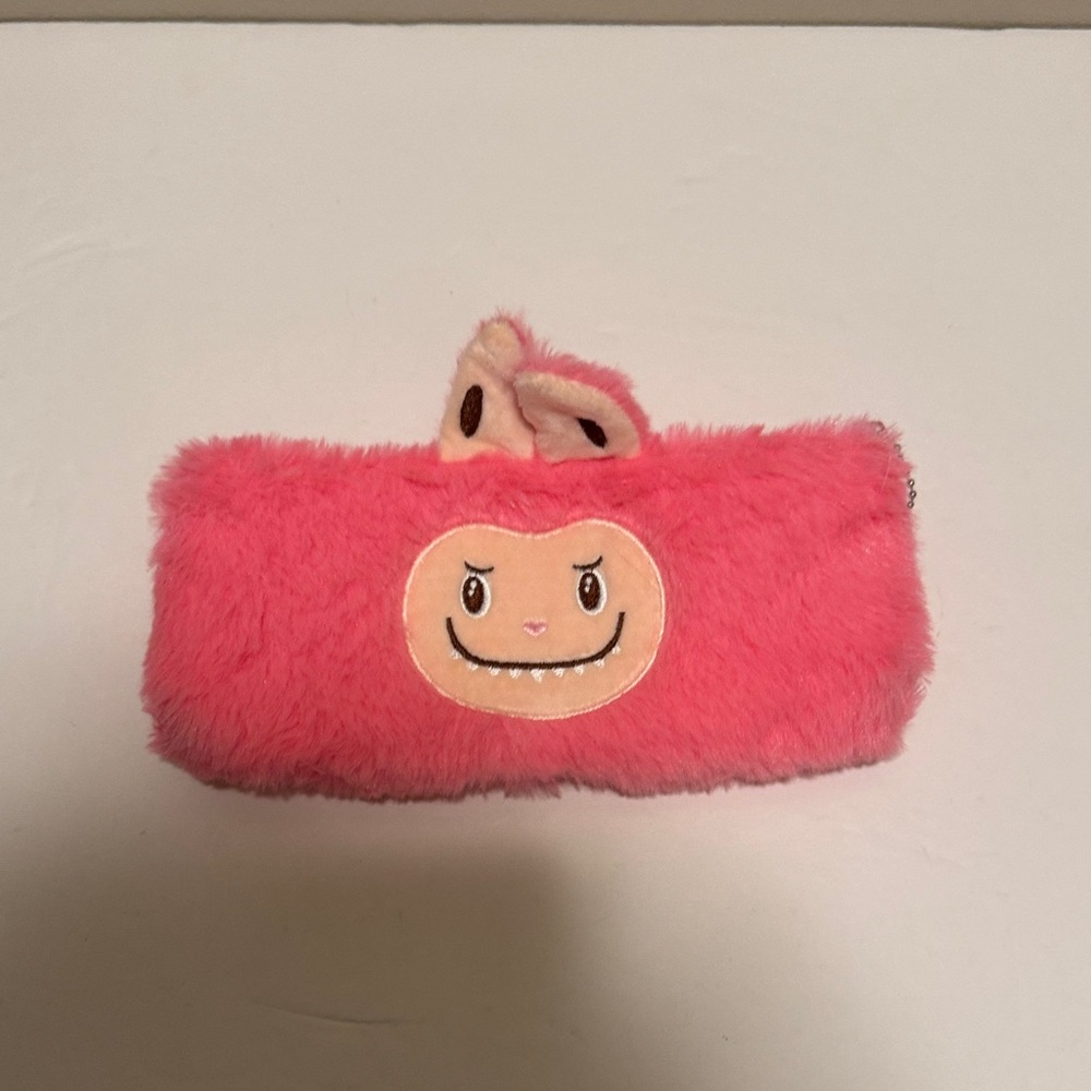 Monsters Pink Furry Pencil Pouch with Smiley Face